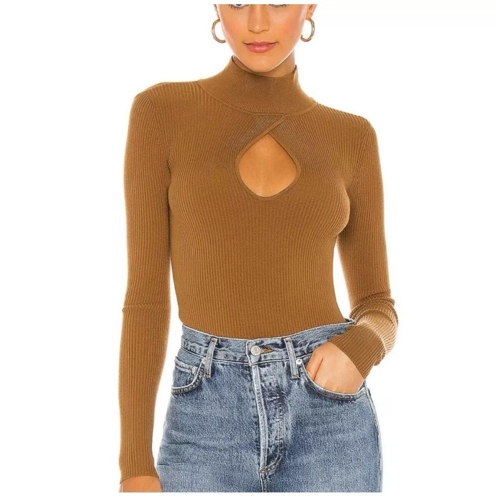 Lovers + Friends Niko Turtleneck Sweater Fitted Ribbed Camel Brown Small